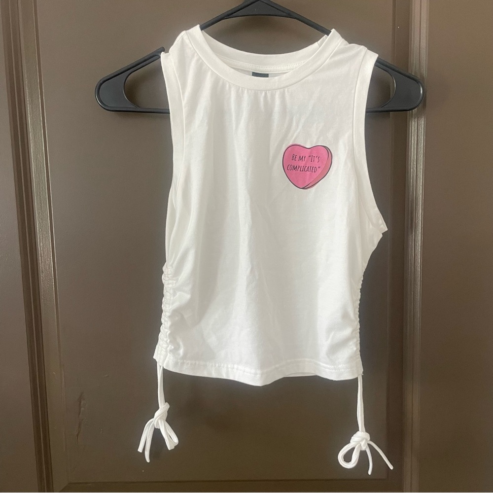 SHEIN White Cropped Tank Top with Pink Heart “Be My It’s Complicated” Size Small